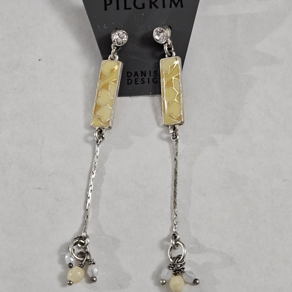 Pilgrim yellow enamel and crystal silvertone dangle earrings. NWOT.